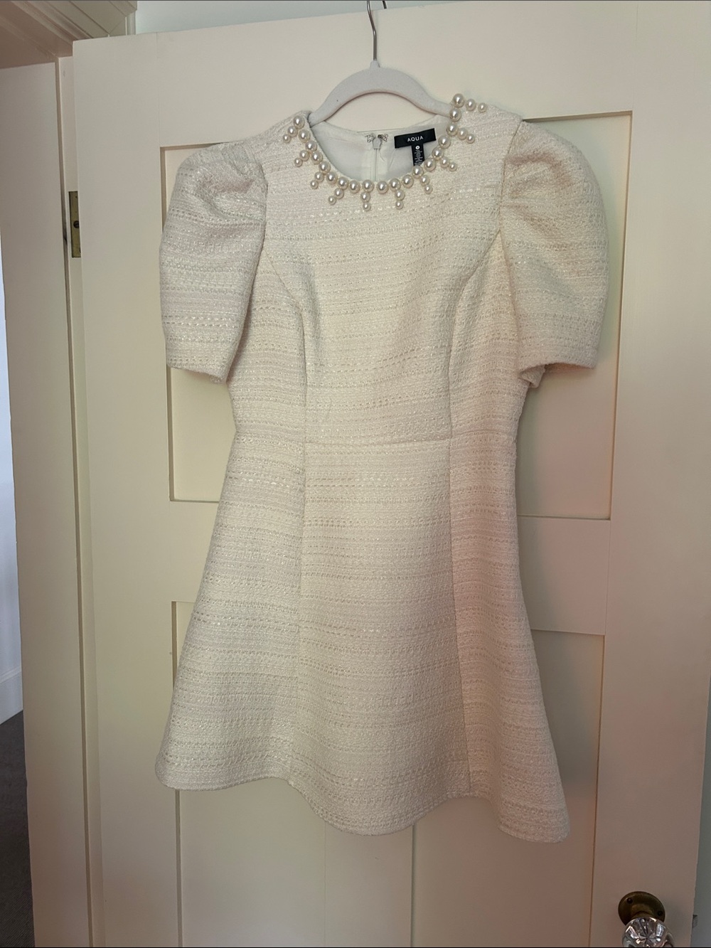 Aqua Ivory Pearl-Trim Puff Sleeve Mini Dress